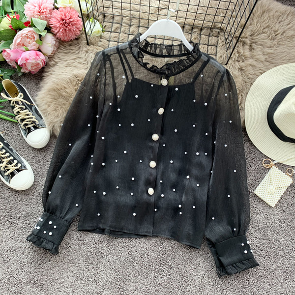 Cămașă de damă cu perle în alb și negru