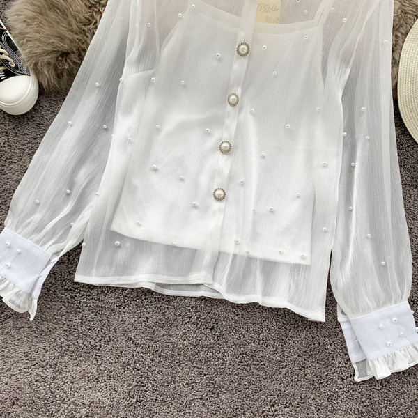 Cămașă de damă cu perle în alb și negru