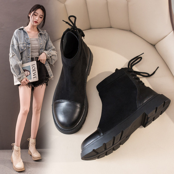 Cizme casual de dama cu talpa aspra in negru si bej