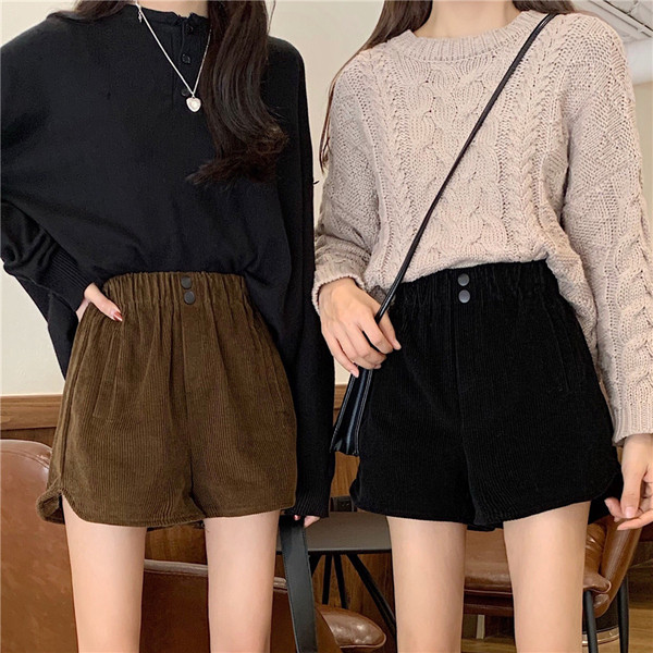 Pantaloni scurți din catifea de damă cu talie elastică, de culoare maro și negru