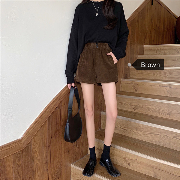 Pantaloni scurți din catifea de damă cu talie elastică, de culoare maro și negru