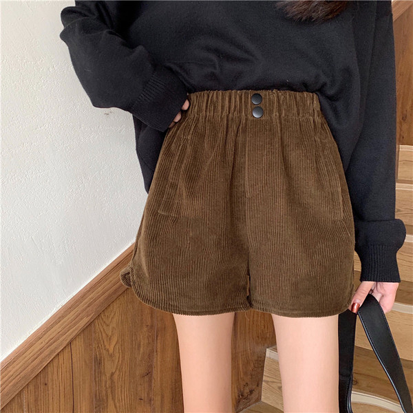 Pantaloni scurți din catifea de damă cu talie elastică, de culoare maro și negru