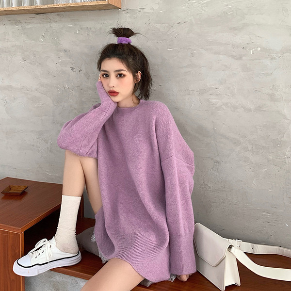 Γυναικείο κλασικό πουλόβερ σε πράσινο και μοβ χρώμα