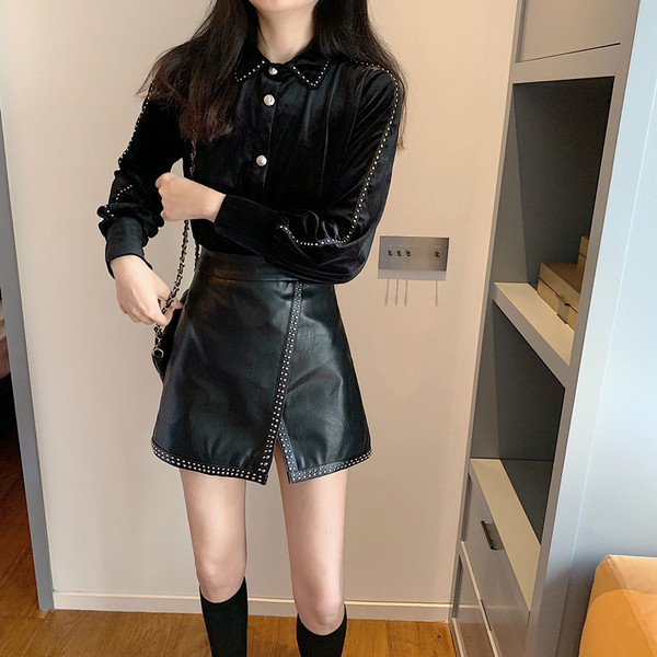 Fusta scurta asimetrica din piele ecologica cu talie inalta