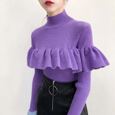 Μοντέρνο γυναικείο πουλόβερ  με μανίκι λωτού με κολάρο - διάφορα χρώματα