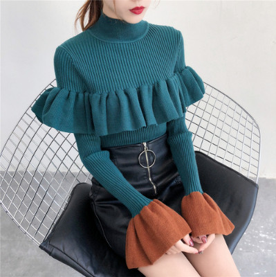 Μοντέρνο γυναικείο πουλόβερ  με μανίκι λωτού με κολάρο - διάφορα χρώματα