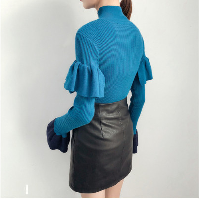 Μοντέρνο γυναικείο πουλόβερ  με μανίκι λωτού με κολάρο - διάφορα χρώματα