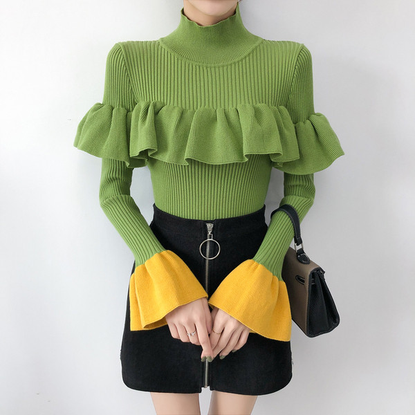 Μοντέρνο γυναικείο πουλόβερ  με μανίκι λωτού με κολάρο - διάφορα χρώματα