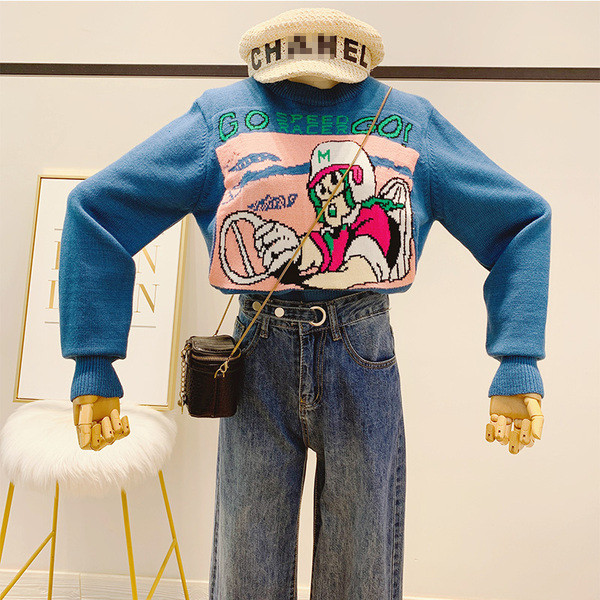 Casual γυναικείο πουλόβερ με οβάλ λαιμόκοψη σε μπλε και μαύρο χρώμα