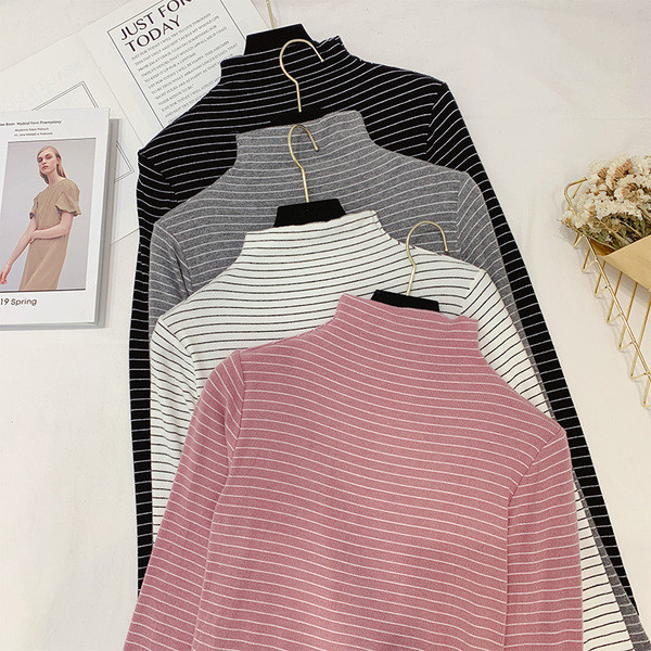 Γυναικεία ριγέ μπλούζα με υψηλό κολάρο σε τέσσερα χρώματα