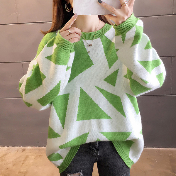 Νέο μοντέλο γυναικέιο πουλόβερ με μοτίβο σε πορτοκαλί, κίτρινο, μπλε και πράσινο χρώμα
