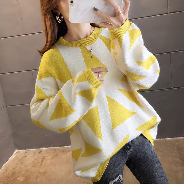 Νέο μοντέλο γυναικέιο πουλόβερ με μοτίβο σε πορτοκαλί, κίτρινο, μπλε και πράσινο χρώμα