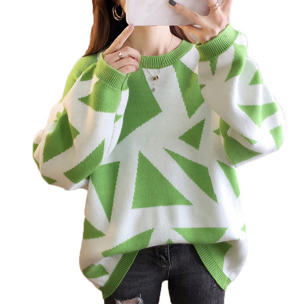 Νέο μοντέλο γυναικέιο πουλόβερ με μοτίβο σε πορτοκαλί, κίτρινο, μπλε και πράσινο χρώμα