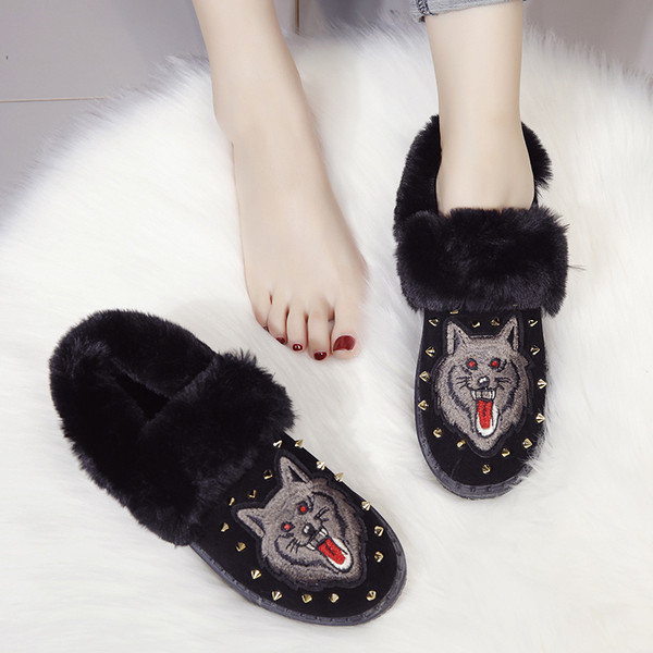 Pantofi de iarna dama cu broderie colorata in negru