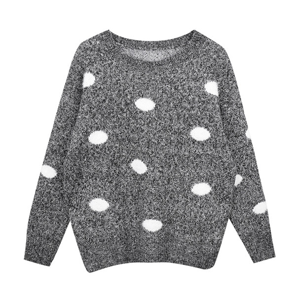 Μοντέρνο γυναικείο πουλόβερ με στρογγυλό ντεκολτέ με κουκκίδες σε γκρι, μπλε και καφέ χρώμα