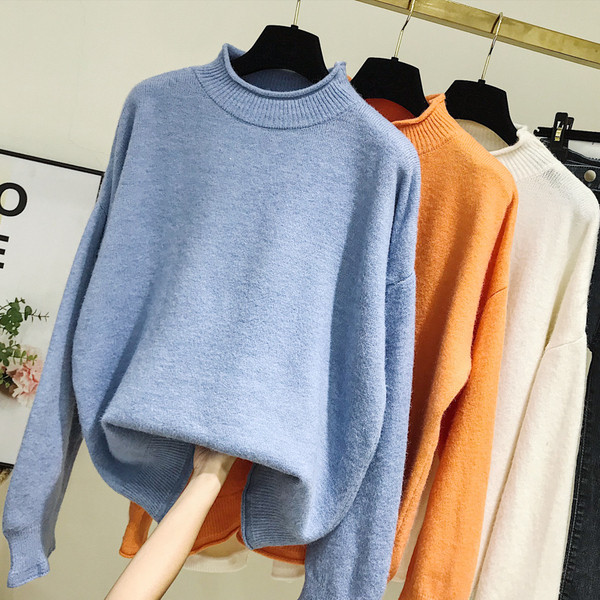 Νέο μοντέλο γυναικείο πουλόβερ  με κολάρο και μακρύ μανίκι σε πορτοκαλί, λευκό και μπλε χρώμα