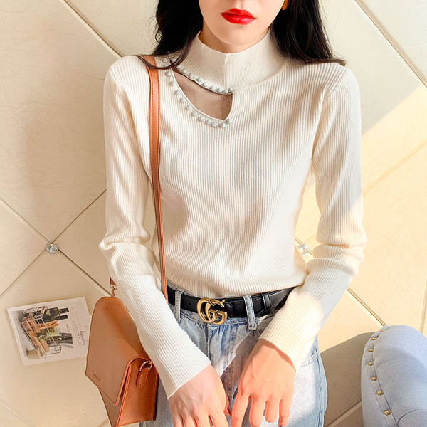 Μοντέρνο γυναικείο πουλόβερ με διακόσμηση με πέρλες σε διάφορα χρώματα