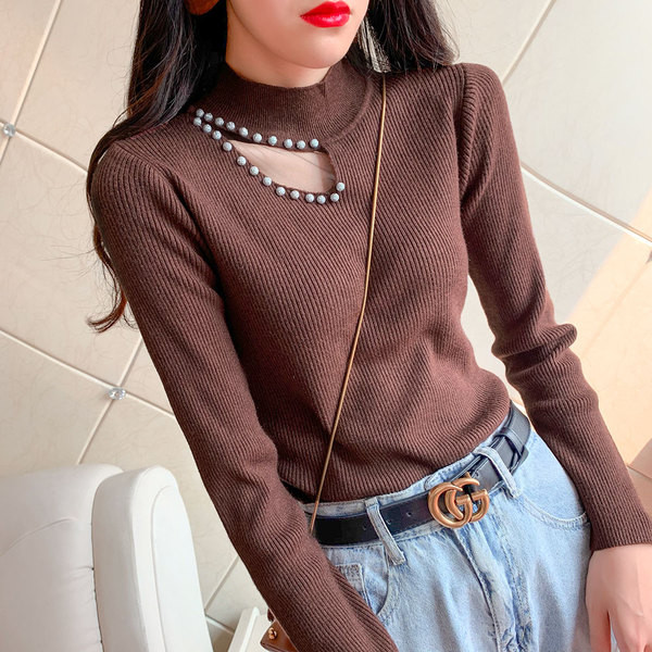 Μοντέρνο γυναικείο πουλόβερ με διακόσμηση με πέρλες σε διάφορα χρώματα