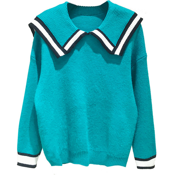 Casual γυναικείο πουλόβερ με στρογγυλό ντεκολτέ σε λευκό και μπλε χρώμα