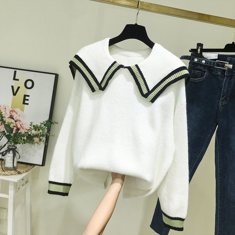 Casual γυναικείο πουλόβερ με στρογγυλό ντεκολτέ σε λευκό και μπλε χρώμα