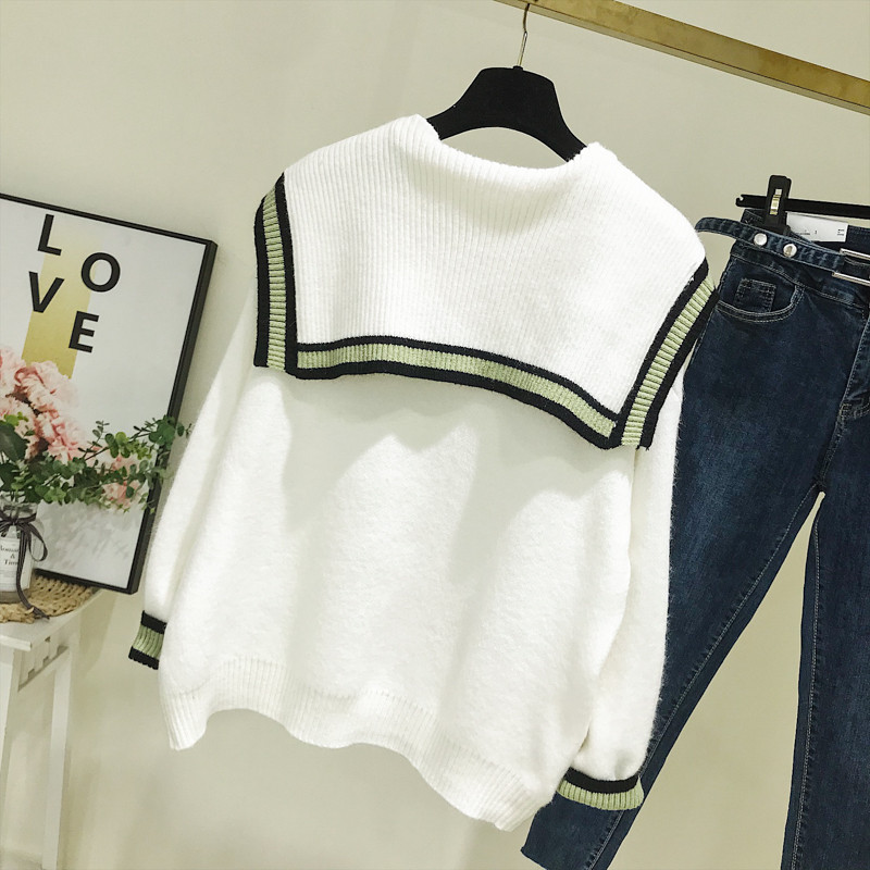 Casual γυναικείο πουλόβερ με στρογγυλό ντεκολτέ σε λευκό και μπλε χρώμα