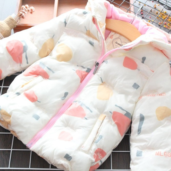 Μοντέρνο παιδικό μπουφάν  για κορίτσια με κουκούλα χρωματιστό σχέδιο σε λευκό χρώμα