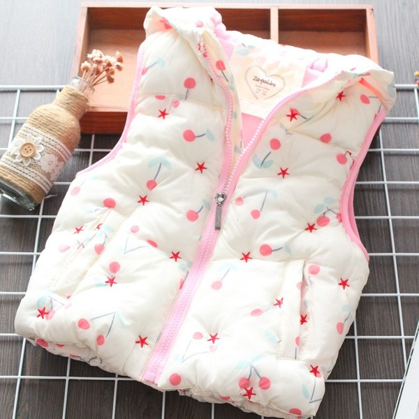 Μοντέρνο παιδικό γιλέκο με χρωματιστό σχέδιο και κουκούλα σε λευκό χρώμα για κορίτσια