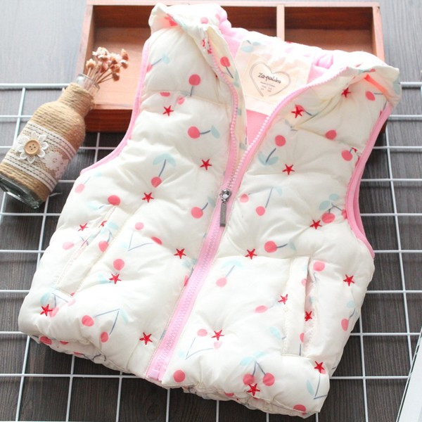 Μοντέρνο παιδικό γιλέκο με χρωματιστό σχέδιο και κουκούλα σε λευκό χρώμα για κορίτσια