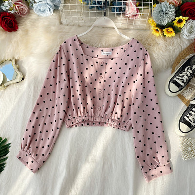 Μοντέρνα γυναικεία μπλούζα πουά σε άσπρο, ροζ, κίτρινο και πορτοκαλί χρώμα