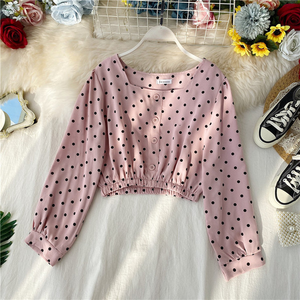 Μοντέρνα γυναικεία μπλούζα πουά σε άσπρο, ροζ, κίτρινο και πορτοκαλί χρώμα