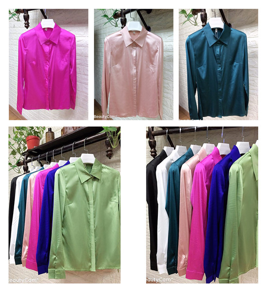 Κομψό σατέν πουκάμισο με κλασικό γιακά, μπλε, ροζ και πράσινο χρώμα