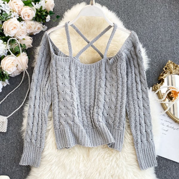Μοντέρνο  γυναικείο πουλόβερ με σταυρωτά ιμάντα σε διάφορα χρώματα