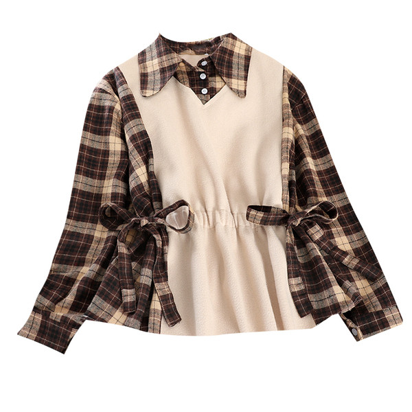Modern női kockás blúz nyakkendővel és gombokkal, többféle színben