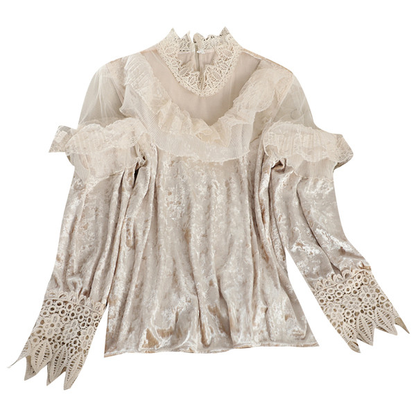 Μοντέρνα γυναικεία μπλούζα  βελούδο με δαντέλα και ψηλό γιακά