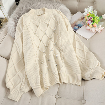 Γυναικείο πουλόβερ με πέρλες και οβάλ ντεκολτέ σε διάφορα χρώματα