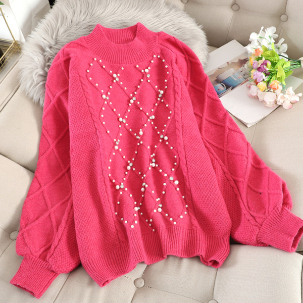 Γυναικείο πουλόβερ με πέρλες  και οβάλ ντεκολτέ σε διάφορα χρώματα