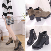 Elegáns női csizma vastag sarokkal és csattal fekete és barna színben