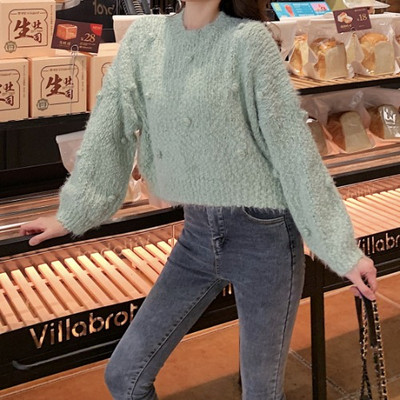 Rövid női pulóver ovális nyakkivágással, kék, zöld, bézs és rózsaszín színekben