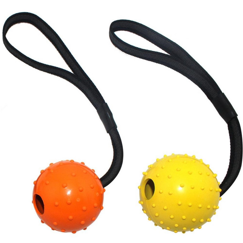 Ελαστική μπάλα με λουρί  για σκυλιά σε κίτρινο και πορτοκαλί χρώμα