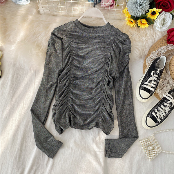 Stílusos női blúz fényes hatással, kerek nyakkivágással három színben