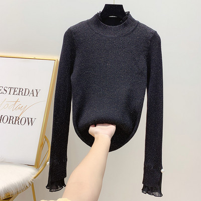 Μοντέρνο γυναικείο πουλόβερ με κολάρο με  πέρλες