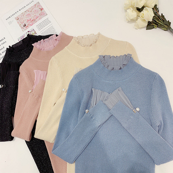 Μοντέρνο γυναικείο πουλόβερ με κολάρο με  πέρλες