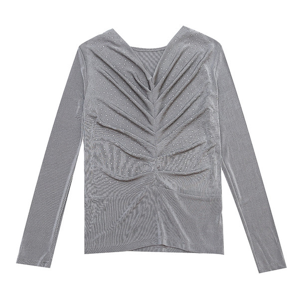 Bluză de damă cu decolteu spitz și pietre în negru și gri