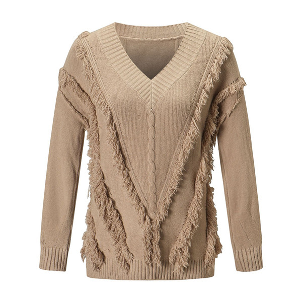 Modern női pulóver spitz nyakkivágással és bézs, kék és piros rojtokkal