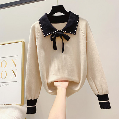 Női pulóver gallérral és gyöngyökkel több színben