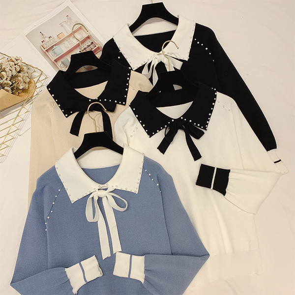 Női pulóver gallérral és gyöngyökkel több színben