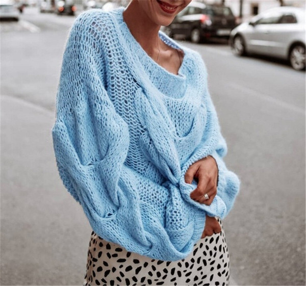 Modern női pulóver kék és narancssárga széles modellben