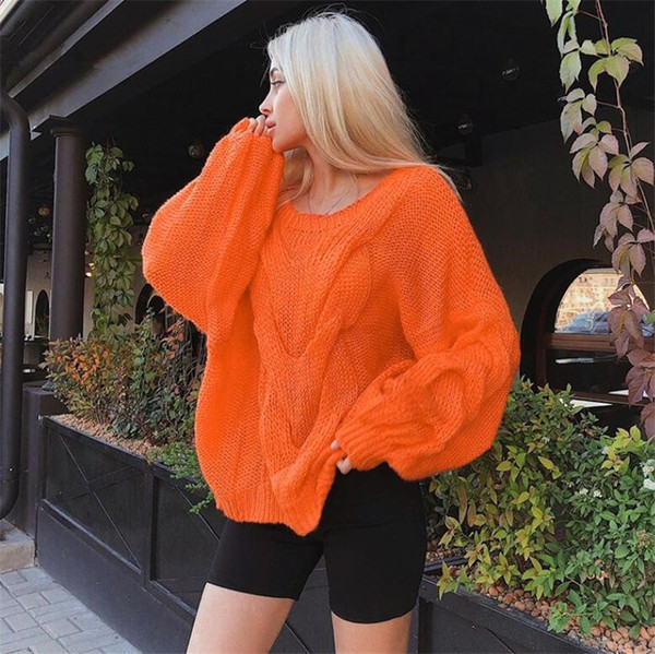 Modern női pulóver kék és narancssárga széles modellben