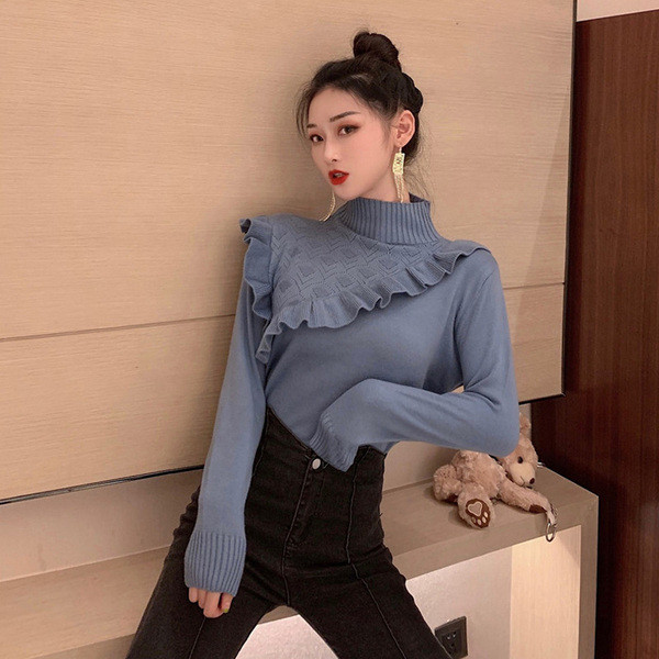 Modern női pulóver pólógallérral, kék és rózsaszín színben