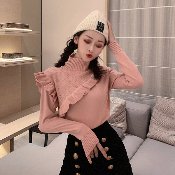 Modern női pulóver pólógallérral, kék és rózsaszín színben